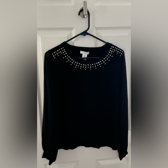 NWT Halston Black Embellished-Collar Sweater w/ Long Sheer Sleeves, Size M - Picture 1 of 7